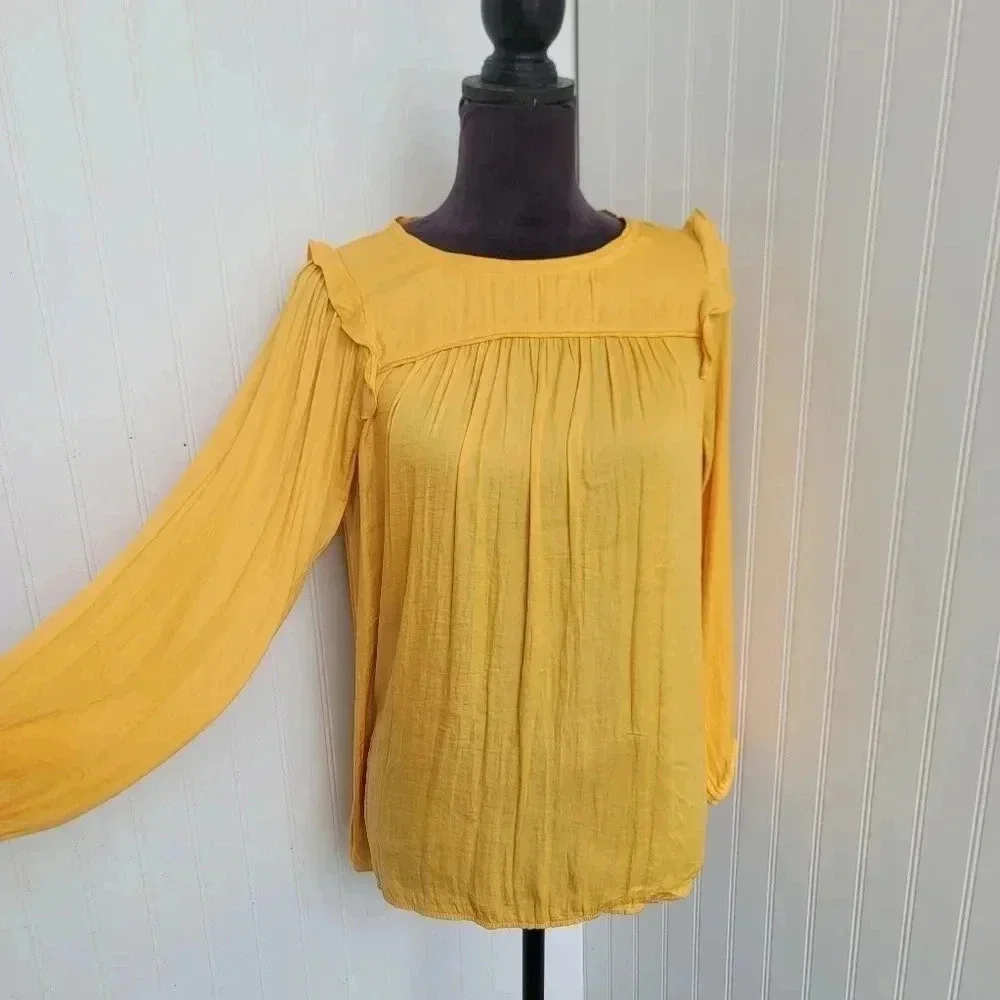 LOFT Top Yellow Silky Feel Puff Sleeve Round Neck Crinkle Fabric Long Sleeve S